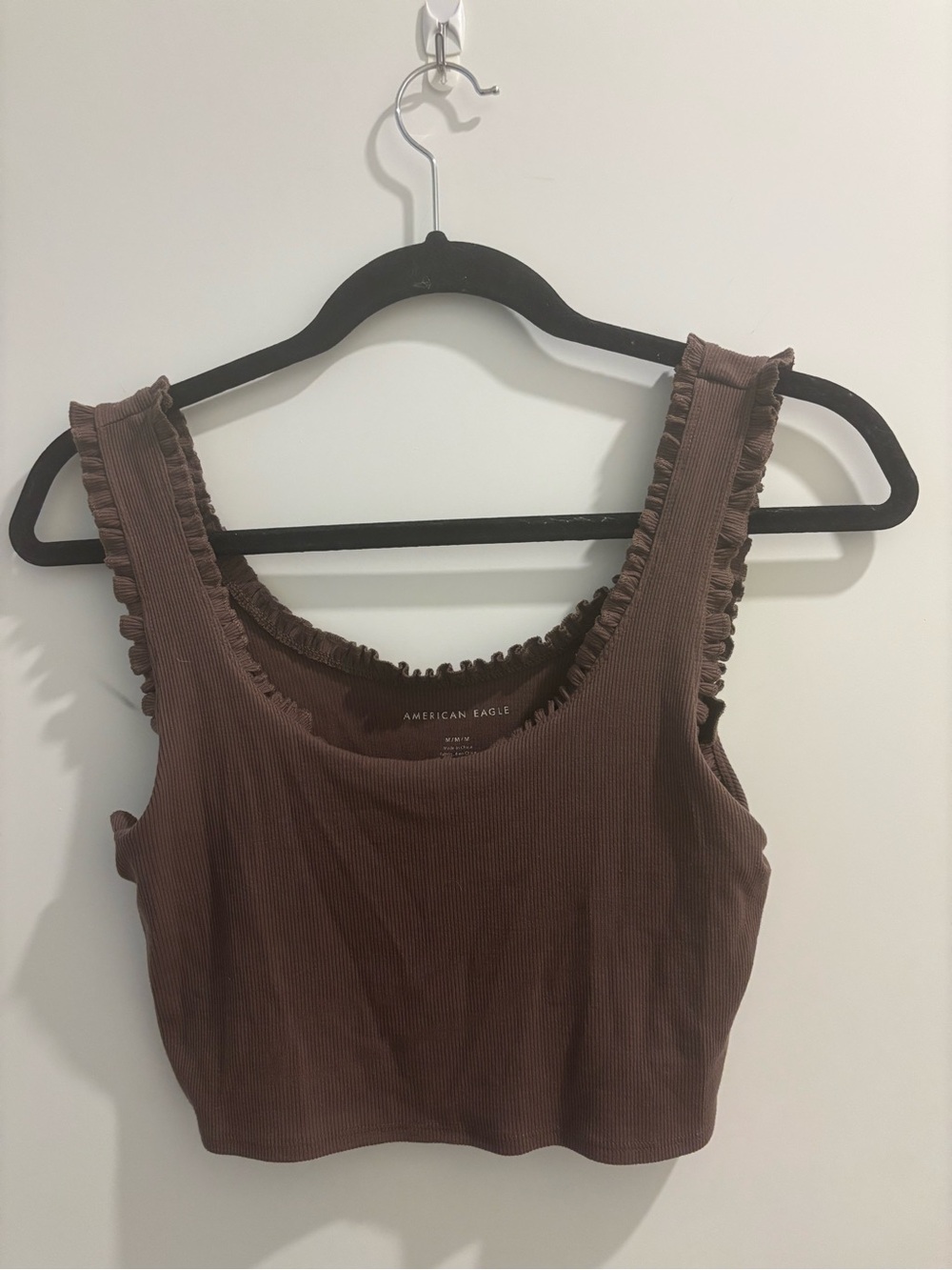 American Eagle Outfitters Brown Ribbed Ruffle-Trim Crop Tank